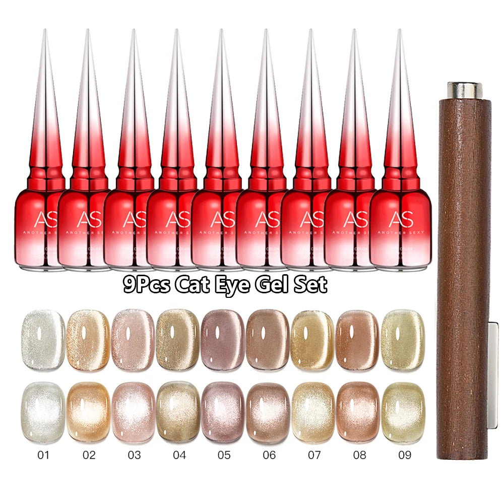 AS 9pcs Cat Eye Magnetic Moonlight Gel Nail Polish Set 15ml Sparkle White Silver Water Light Red UV Gel Nail Art Manicure