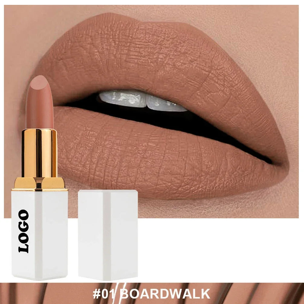 Private Labe 24-color Solid Lipstick Custom Logo White Square Tube Matte Lipsticks Bulk Waterproof Long-lasting Makeup Vegan