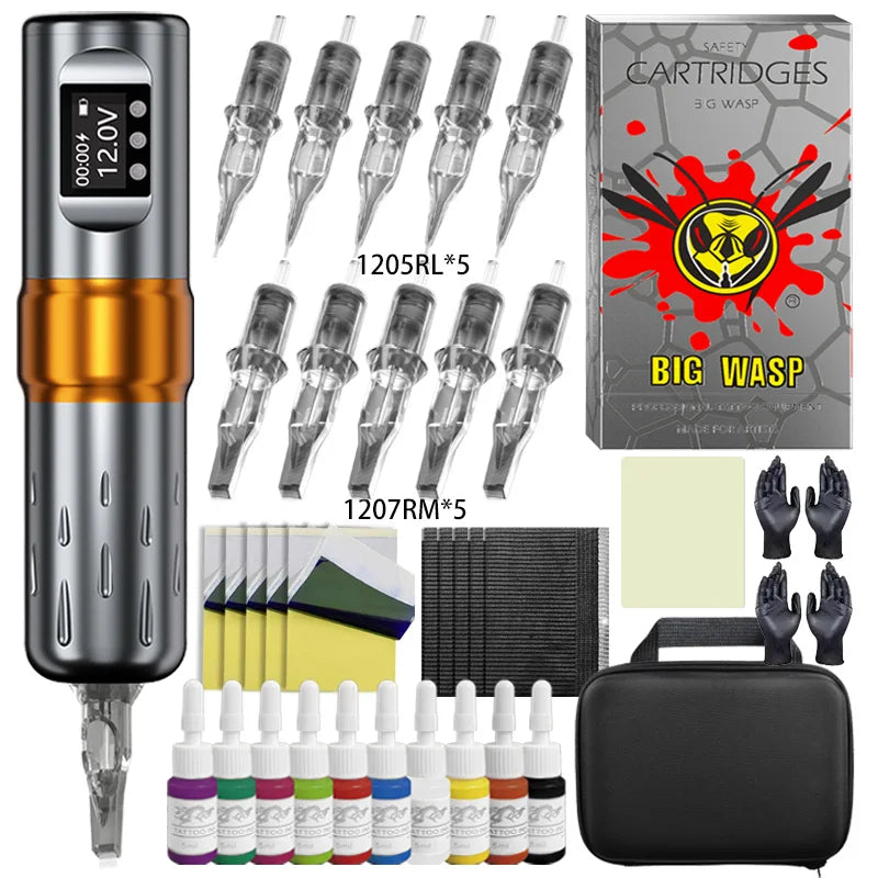 BIGWASP Wireless Tattoo Machine Pen Kit Rotary Tattoo Pen Set with 10PC Cartridge Needles for Makeup Machine Body Art Tattoo Kit