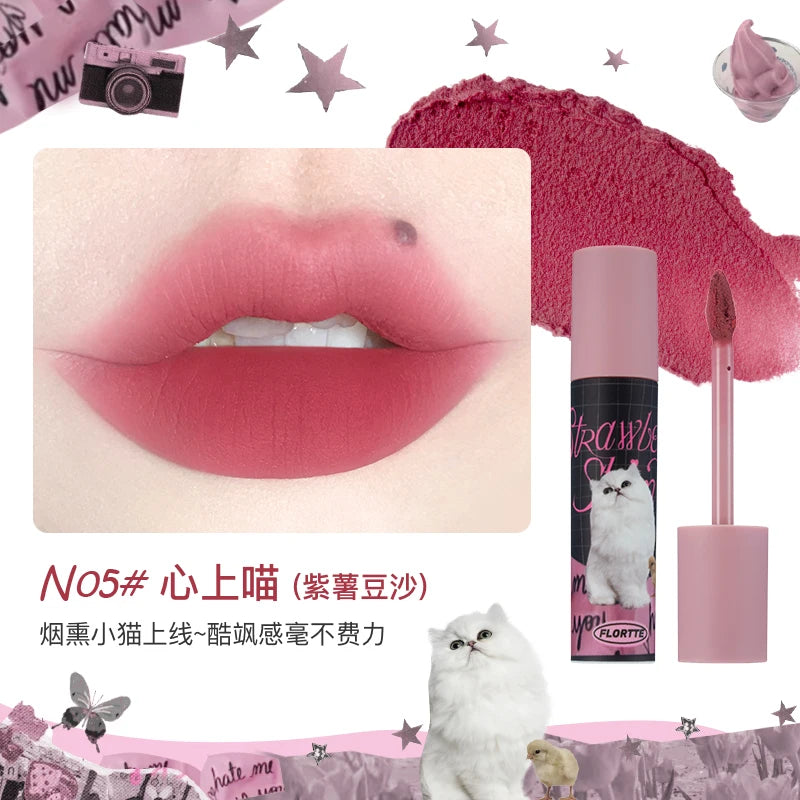 FLORTTE Matte Lipstick Velvet Lip Cream Matte Liquid Long-Lasting Wear Non-Stick Cup Not Fade Waterproof Lip Gloss
