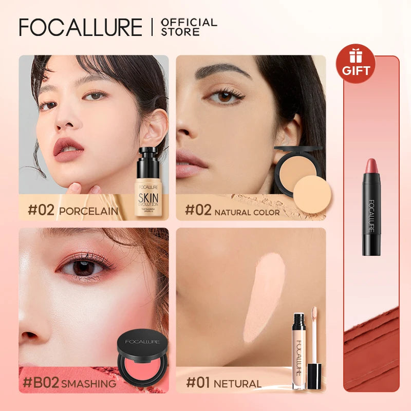 FOCALLURE 4 Pcs Makeup Set Primer Liquid Foundation Concealer Face Blush Makeup Setting Powder Base Lipstick Pen Cosmetics Kit