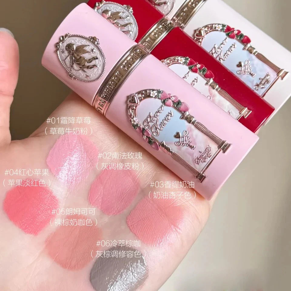 Flower Knows Strawberry Cupid Velvet Matte Lip Cream Pressed Powder Liquid Blush Set Long Lasting Lightweight Makeup