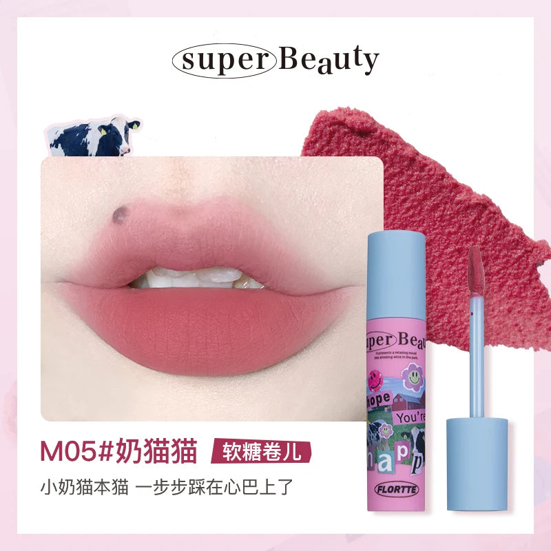 FLORTTE Matte Lipstick Velvet Lip Cream Matte Liquid Long-Lasting Wear Non-Stick Cup Not Fade Waterproof Lip Gloss
