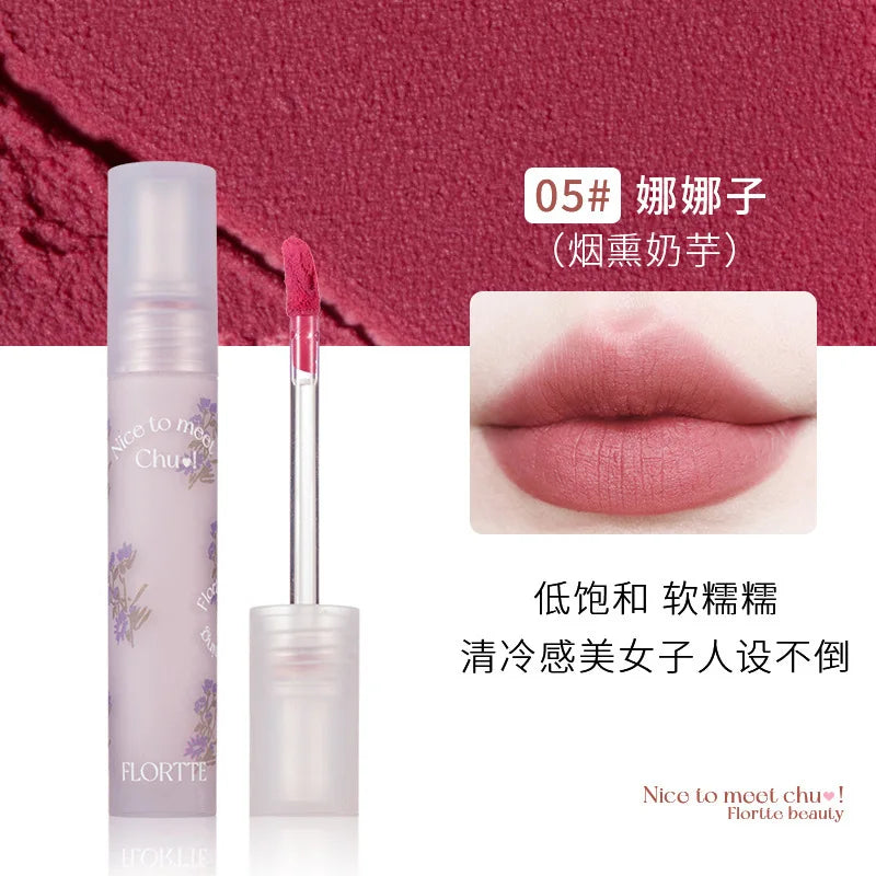 FLORTTE Matte Lip Stick Velvet Lip Glaze Velvet Korean Lipstick Maquillage Femme Long-Lasting Wear Fade Waterproof Lip Gloss