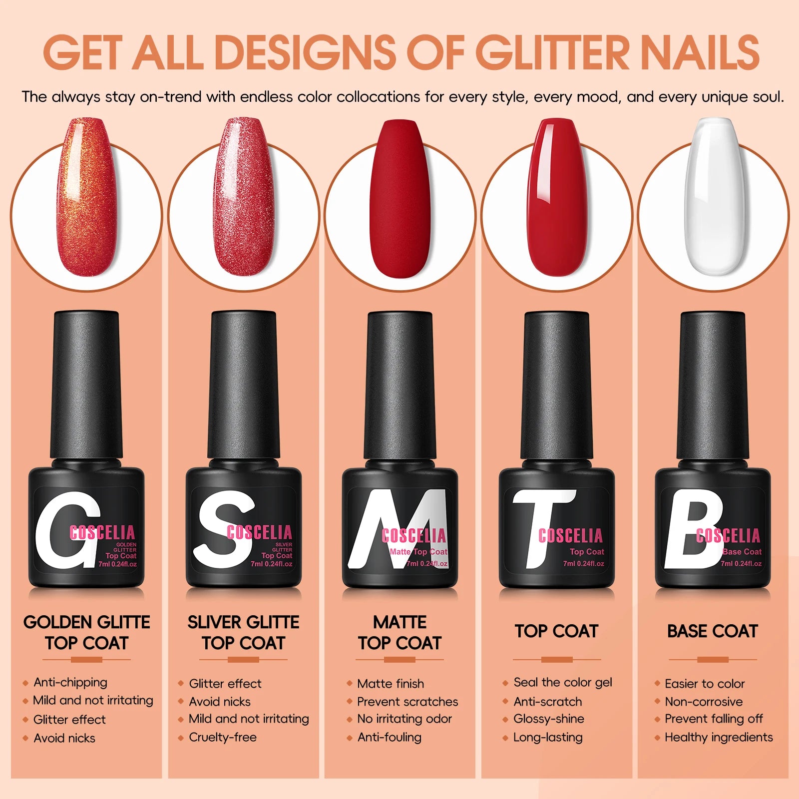 COSCELIA 35 Colors Gel Nail Polish Set with Base Coat Matte Glitter Top Coat Kit Semi Permanent Gel Polish Nail Art Manicure Kit