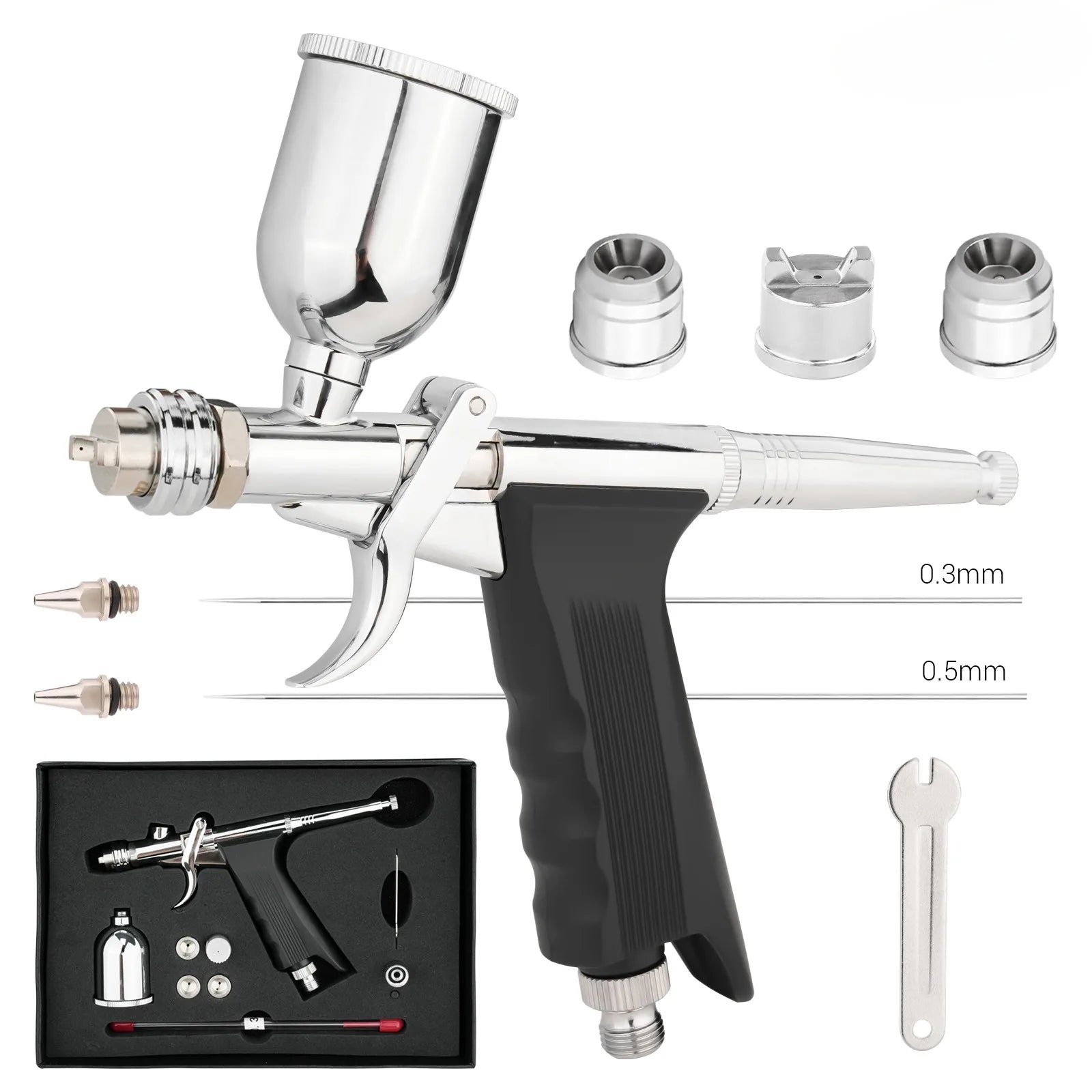 Pistol Grip Airbrush Kit 0.3mm/0.5mm with Fan Cap 15CC Fluids Cups Efficiency for Car Model DIY Painting Makeup Nail Art Cake