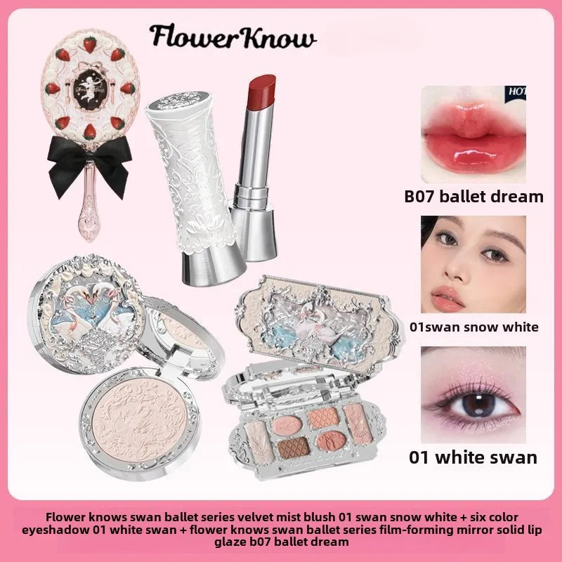 Flower Knows Makeup Sets Swan Ballet Series Gift Box Lipstick Blush Eyeshadow Palette Handheld Mirror Makeup Gift Box