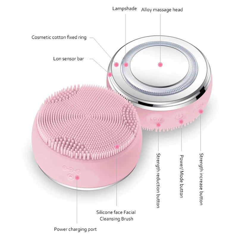 2 In 1 LED Light Therapy Silicone Heating Face Cleanser Massage Sonic Facial Cleansing Brush Massager Waterproof