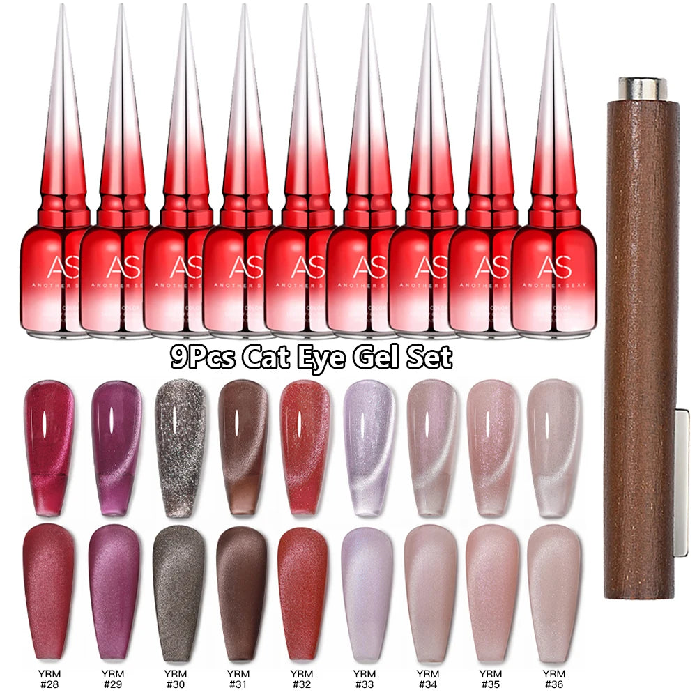 AS 9pcs Cat Eye Magnetic Moonlight Gel Nail Polish Set 15ml Sparkle White Silver Water Light Red UV Gel Nail Art Manicure