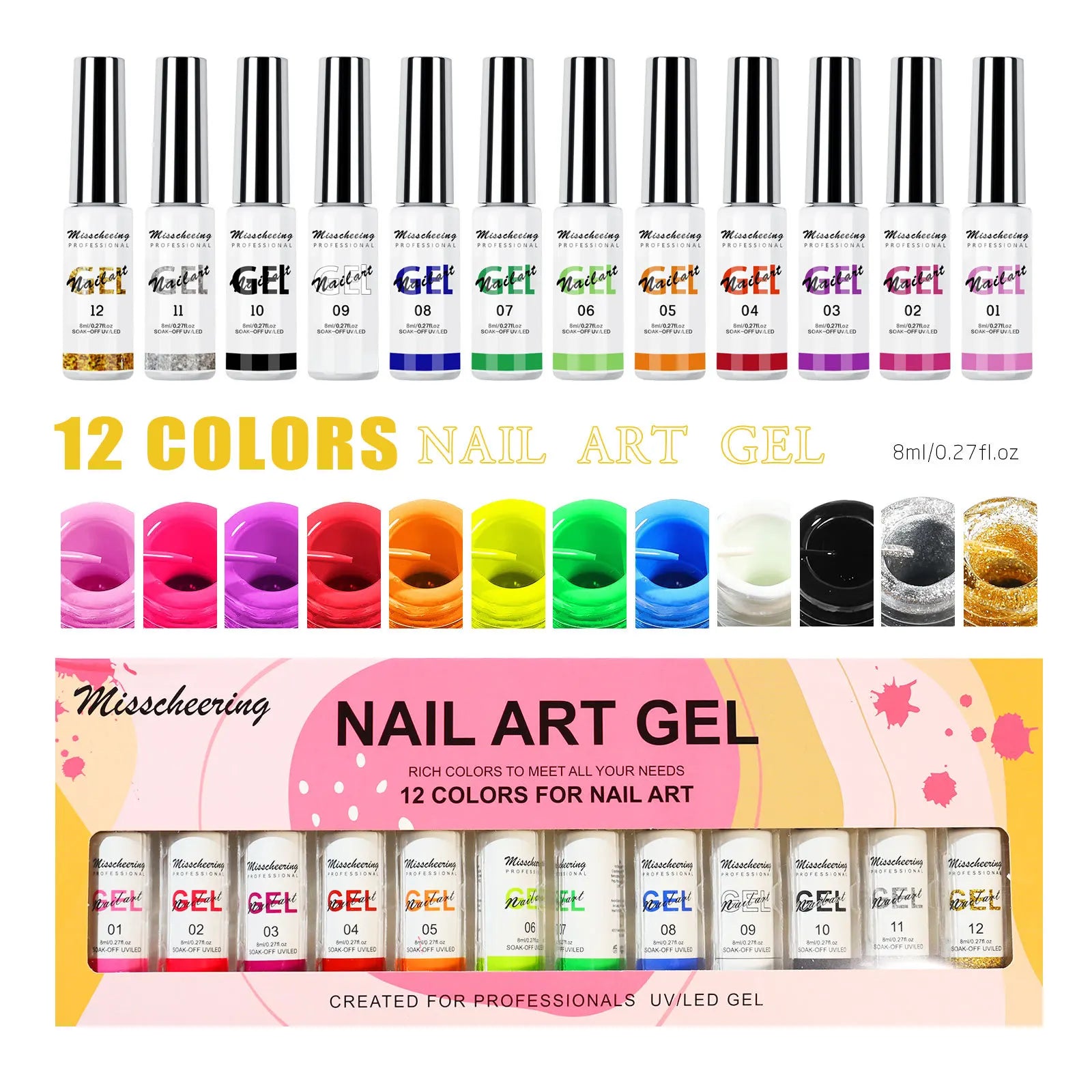 Neon Gel Nail Set Gel Pull Liner Glitter Nail Polish Kit UV/LED Fluorescent Color Gel DIY Manicure Painting Gel Nail Art Brushed
