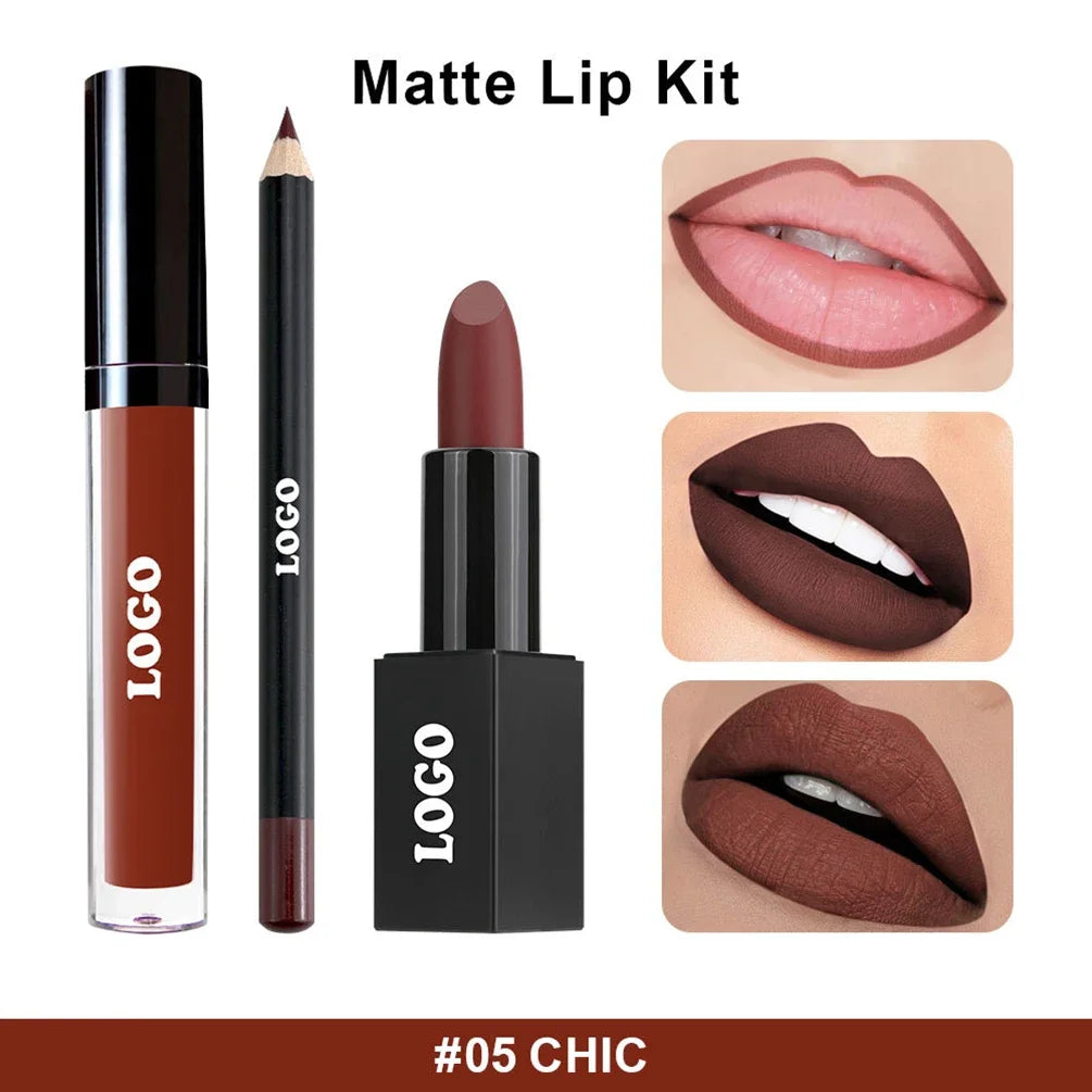 12-color Custom Logo Lipstick Lipgloss Lipliner Kit Private Label Black Square Tube Matte Waterproof Pigment Lips Makeup Vegan