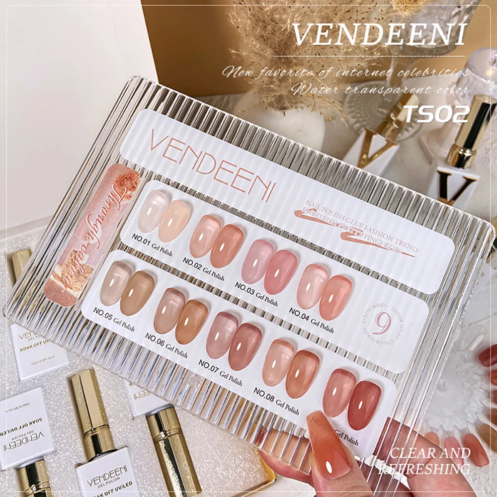 Vendeeni 9 Color Semi Transparent Jelly Gel Nail Polish Nude Pink UV Soak Off Gel Varnish Jade Fat Gel Lacquer For Nail Art 15ml