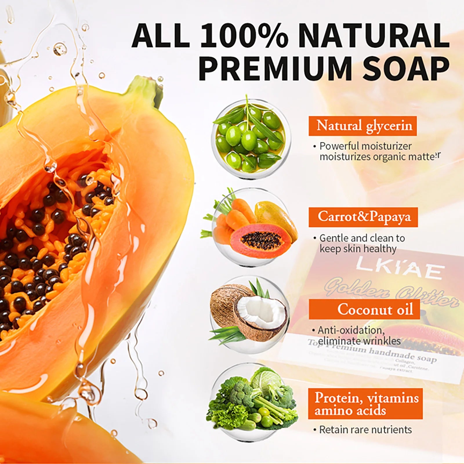 LKIAE Natural Carrot & Papaya Handmade Soap, Brightening, Clean Skin, Reduce Acne, Dark Spots, Face & Body Wash, 150g/3.53 oz