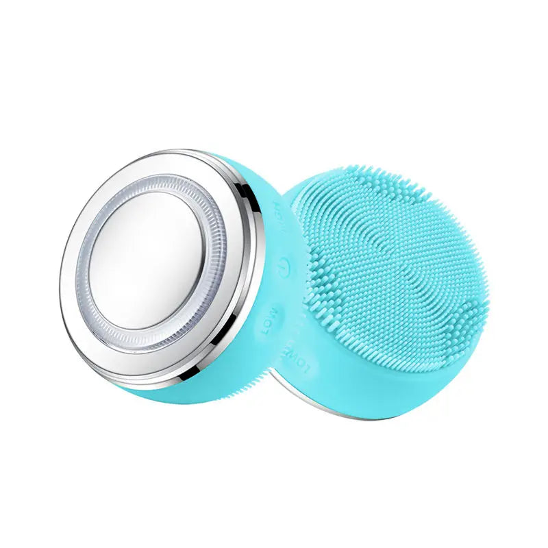2 In 1 LED Light Therapy Silicone Heating Face Cleanser Massage Sonic Facial Cleansing Brush Massager Waterproof