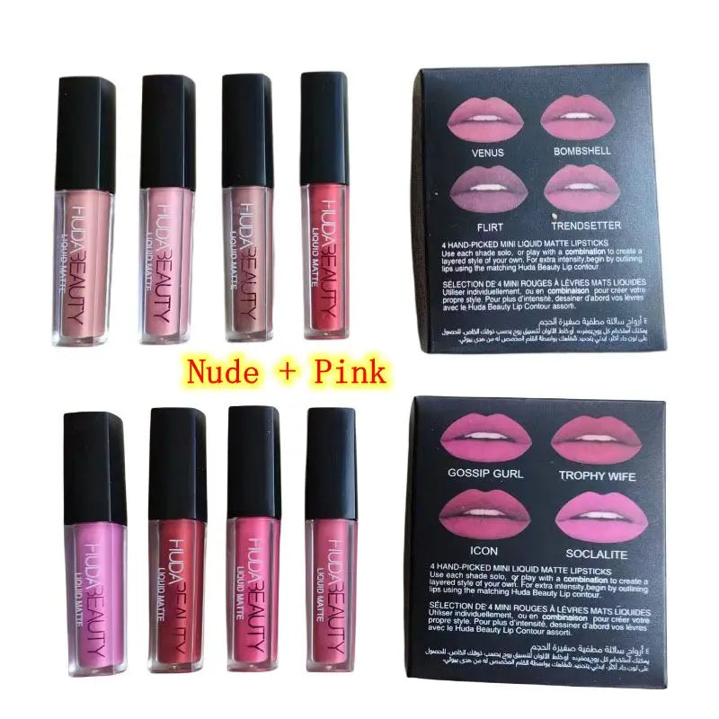 4pcs Lipstick Set Matte Lip Gloss Waterproof Lip Glaze Tint Non-stick Non-Fading Lips Huda Lip Makeup Cosmetic Lip Care