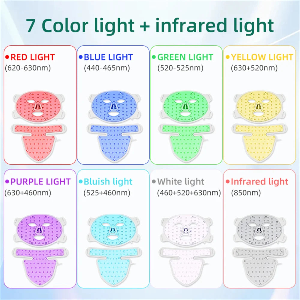 Facial LED Mask with Neck 8 Colors Red Light Near Infrared Therapy Beauty Mask Anti Aging Skin Rejuvenation Lifting Whitening