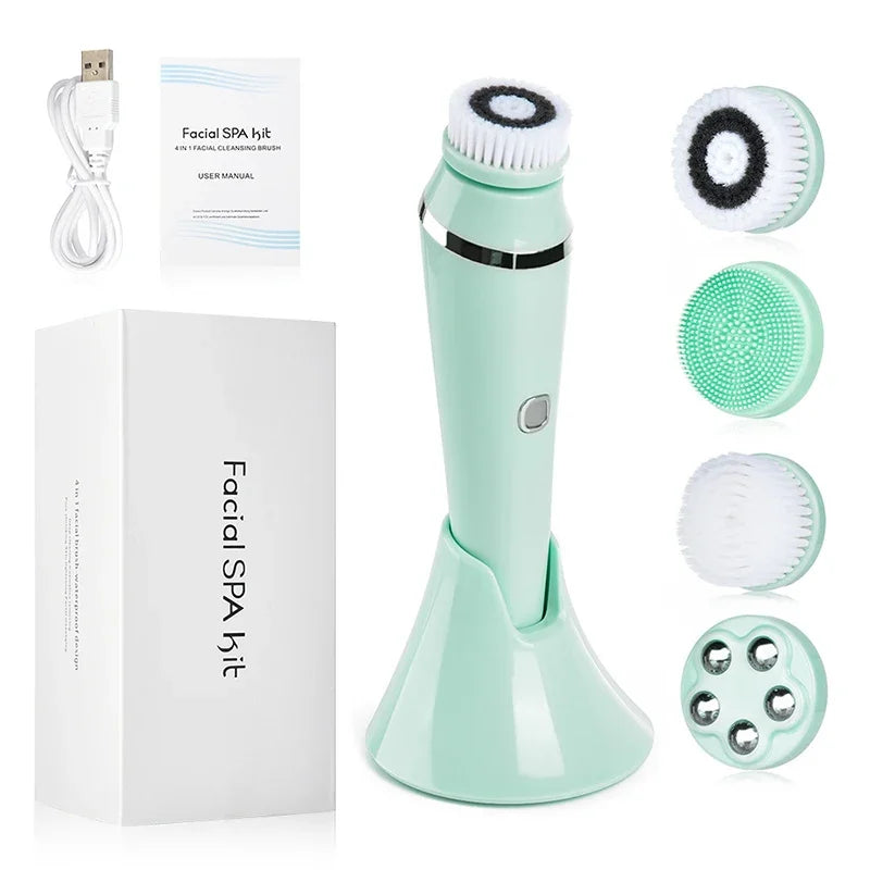 4 in 1 Electric Facial Cleansing Brush Rechargeable Waterproof Spin Sonic Exfoliator Face Scrubber Cleanser Skin Care Machine
