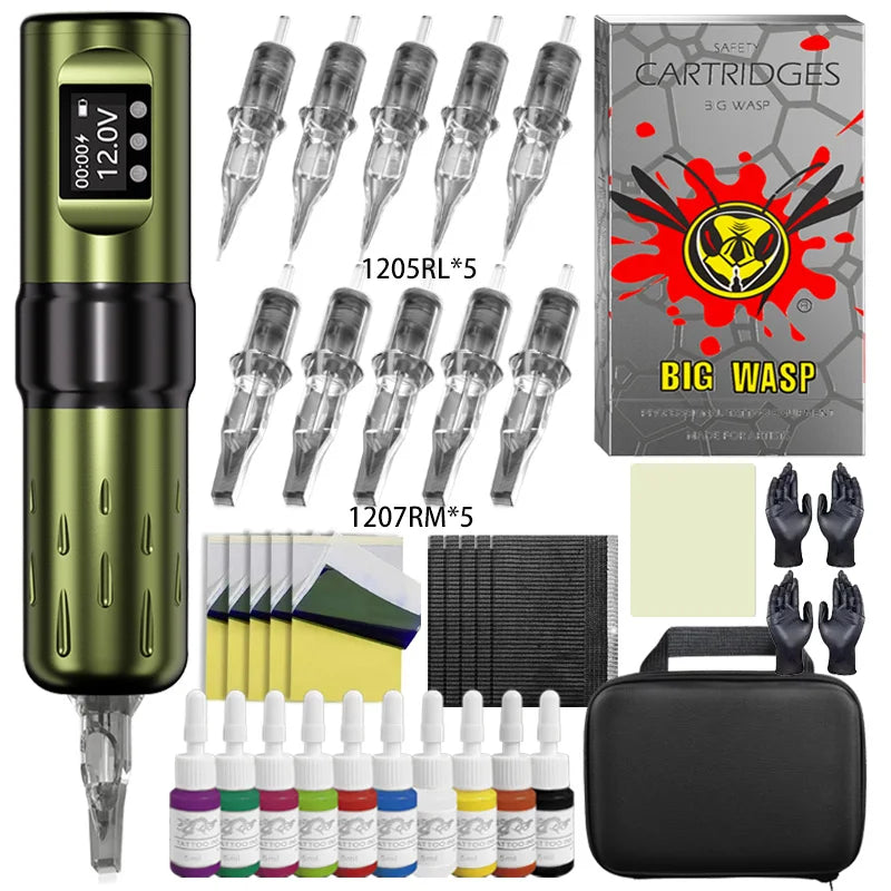 BIGWASP Wireless Tattoo Machine Pen Kit Rotary Tattoo Pen Set with 10PC Cartridge Needles for Makeup Machine Body Art Tattoo Kit