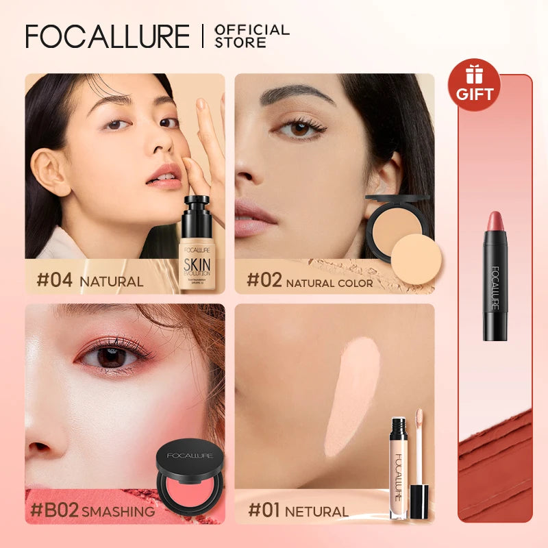 FOCALLURE 4 Pcs Makeup Set Primer Liquid Foundation Concealer Face Blush Makeup Setting Powder Base Lipstick Pen Cosmetics Kit