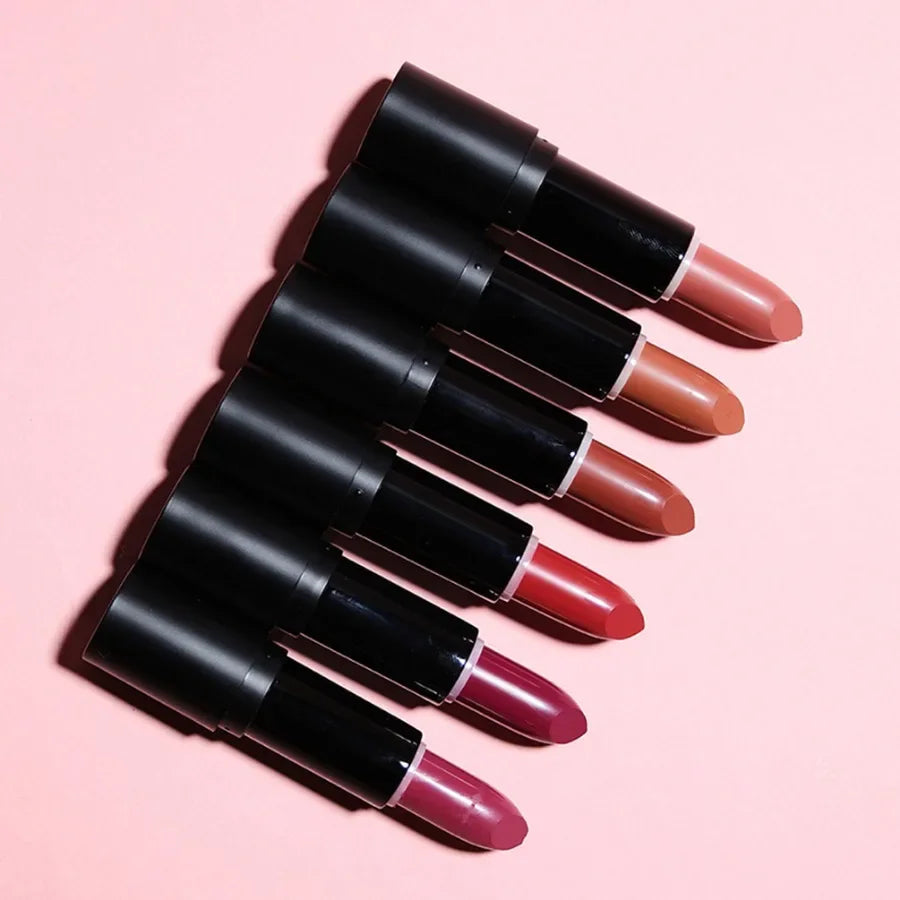 Custom 6colors Matte Black Tube Lipstick Non Stick Cup Long Lasting Waterproof Velvet Not Fading Sexy Red Lipstick Bulk Makeup