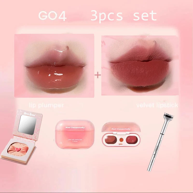 Korean Makeup Set GOGO TALES Double Lip Gloss Cruelty-Free Powder Blush-Shape Lower Eyelash Seal Black Eyeliner 3Pcs Kit