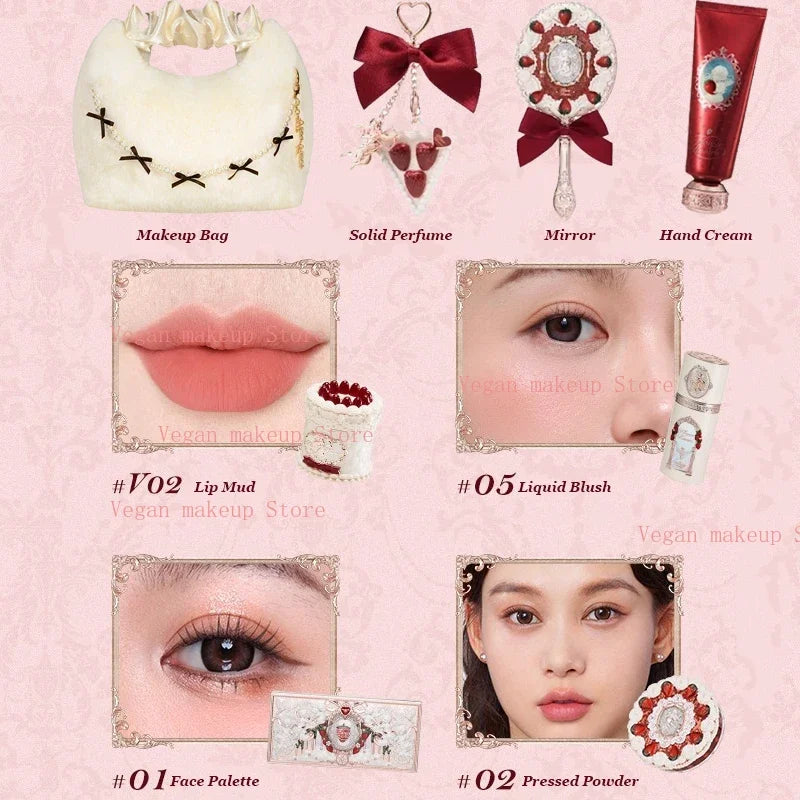 Flower Knows Strawberry Cupid Collection Makeup Set Sweetheart Gift Set Lip Mud Liquid Blush Face Palette All In One Make Up Kit
