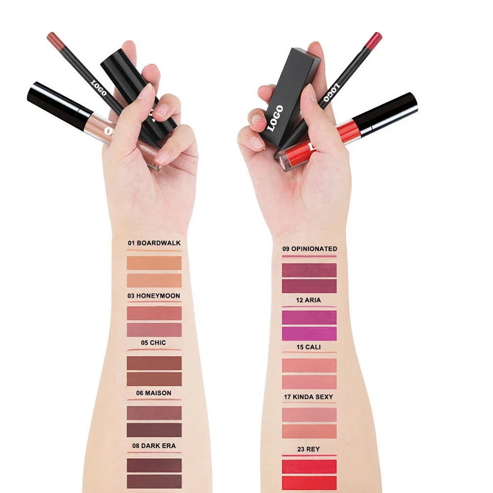 12-color Custom Logo Lipstick Lipgloss Lipliner Kit Private Label Black Square Tube Matte Waterproof Pigment Lips Makeup Vegan