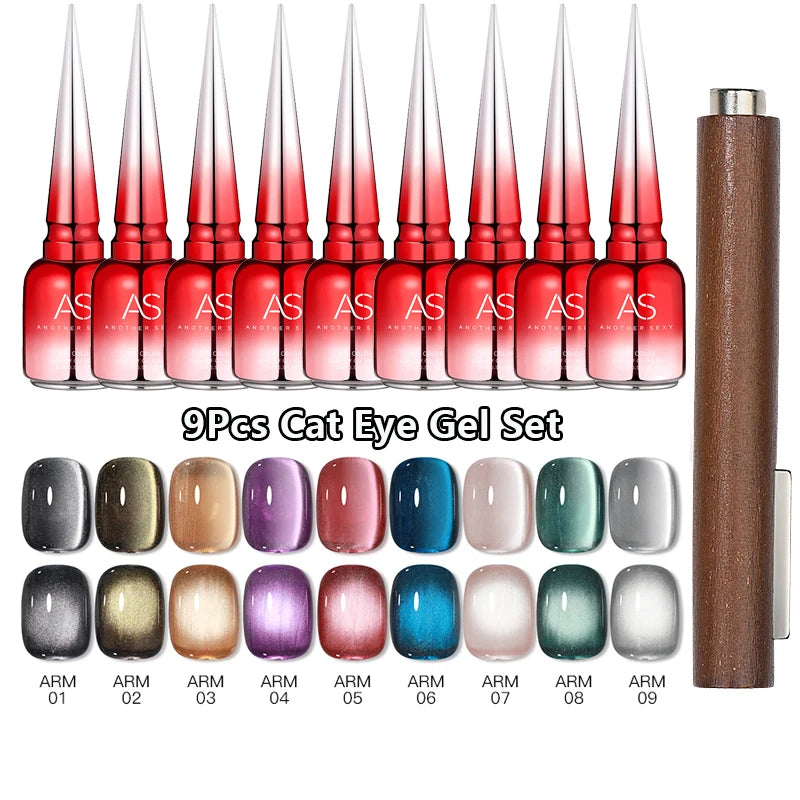 AS 9pcs Cat Eye Magnetic Moonlight Gel Nail Polish Set 15ml Sparkle White Silver Water Light Red UV Gel Nail Art Manicure