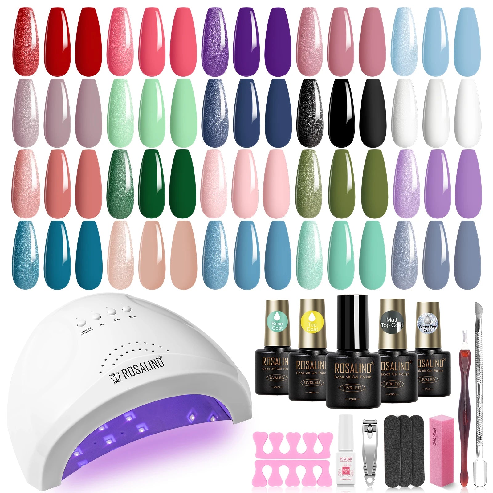 Rosalind  Classic Gel Nails Colors Mini Gel Nail Polish Kit with UV Light,  Base and Matte Glossy Gel Top Coat with Tool