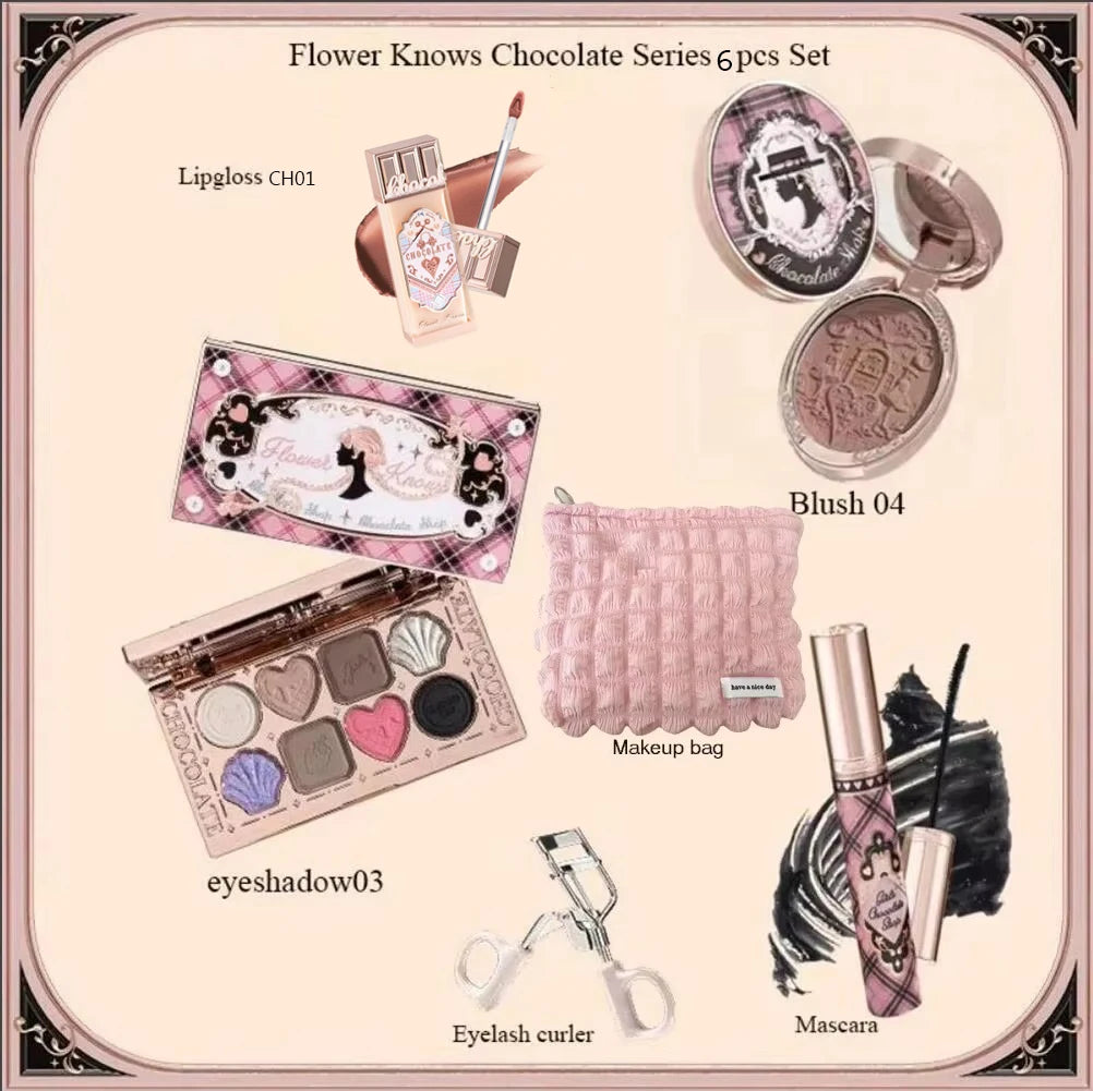 Flower Knows Chocolate Series All In Makeup Set Eyeshadow Palette Matte Lip Mud Blush Long Lasting Black Mascara Cream Original