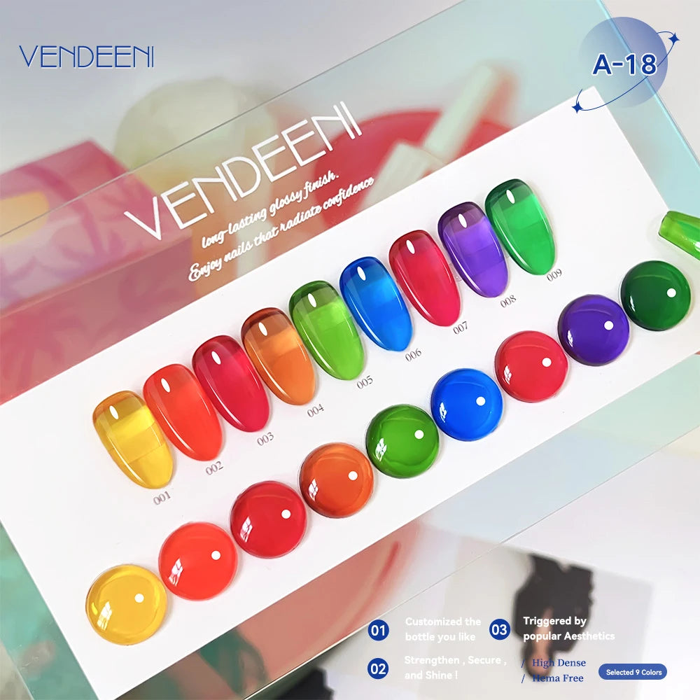 Vendeeni 9 Colors/Set Jelly Transparent Gel Nail Polish Crystal Glass UV Soak Off Gel Varnish Long Lasting Nail Art Gel Lacquer