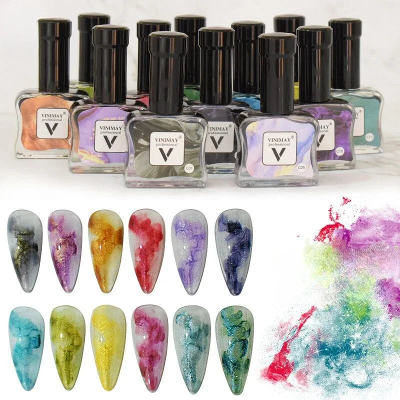 12Pcs 12ml Glitter Blooming Nail Gel Polish Marble Watercolor Ink Nail Design Smudge Spreading Air-drying Manicure Painting Gel