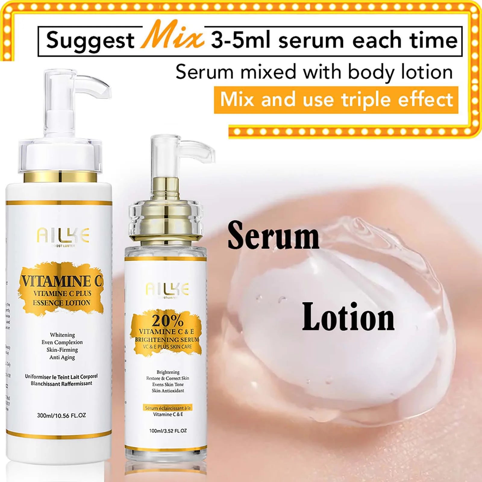 AILKE Vitamin C Whitening Serum, Remove Dark Spots, Moisturizing, Anti-Aging & Wrinkle, Beauty Skin Care Cosmetics