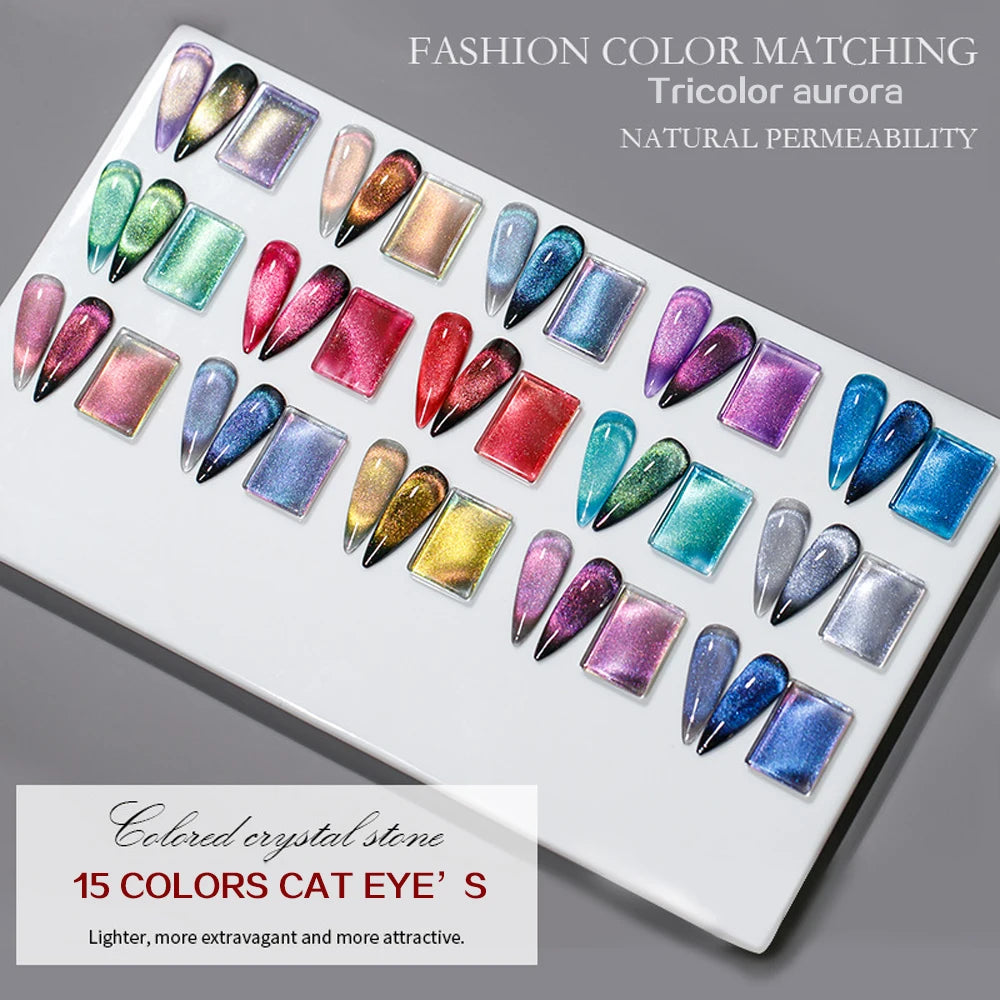 Vendeeni 15 Colors/set Colourful Crystal Aurora Cat Eye Gel Nail Polish Magnetic Gel Varnish UV LED Soak Off Gel Lacquer