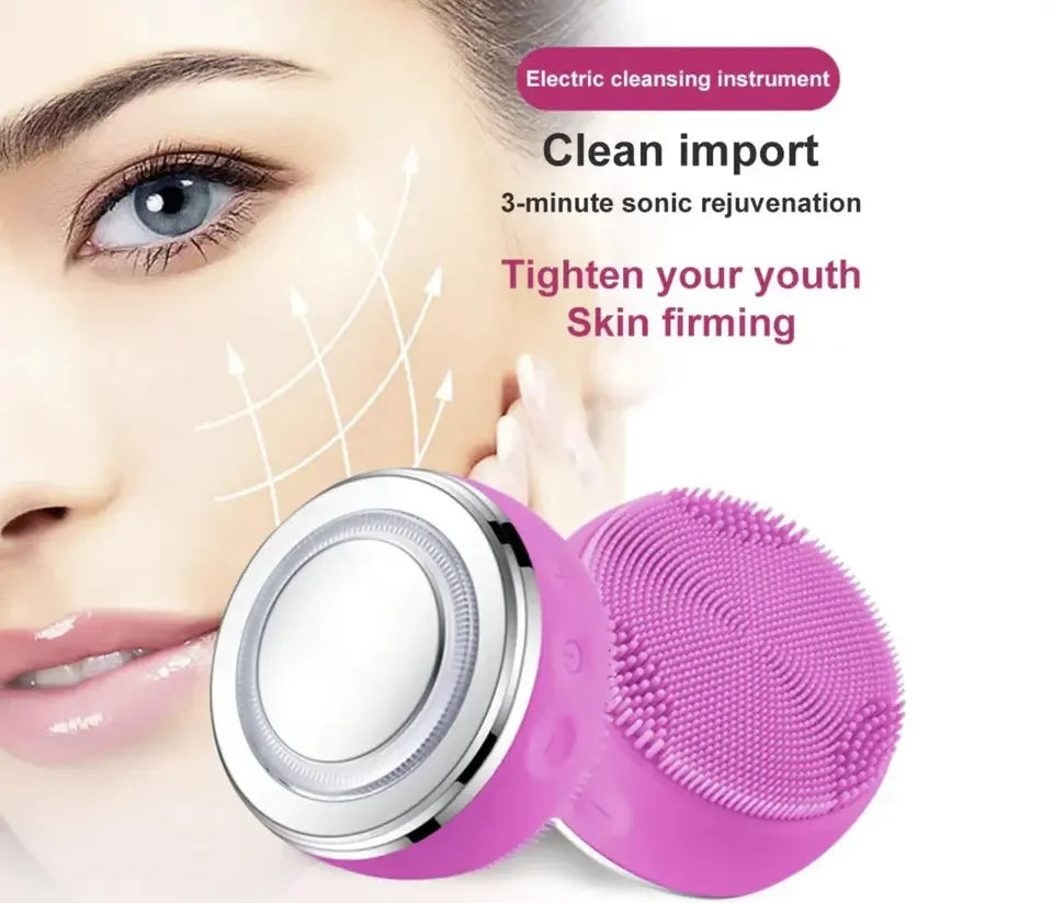 2 In 1 LED Light Therapy Silicone Heating Face Cleanser Massage Sonic Facial Cleansing Brush Massager Waterproof