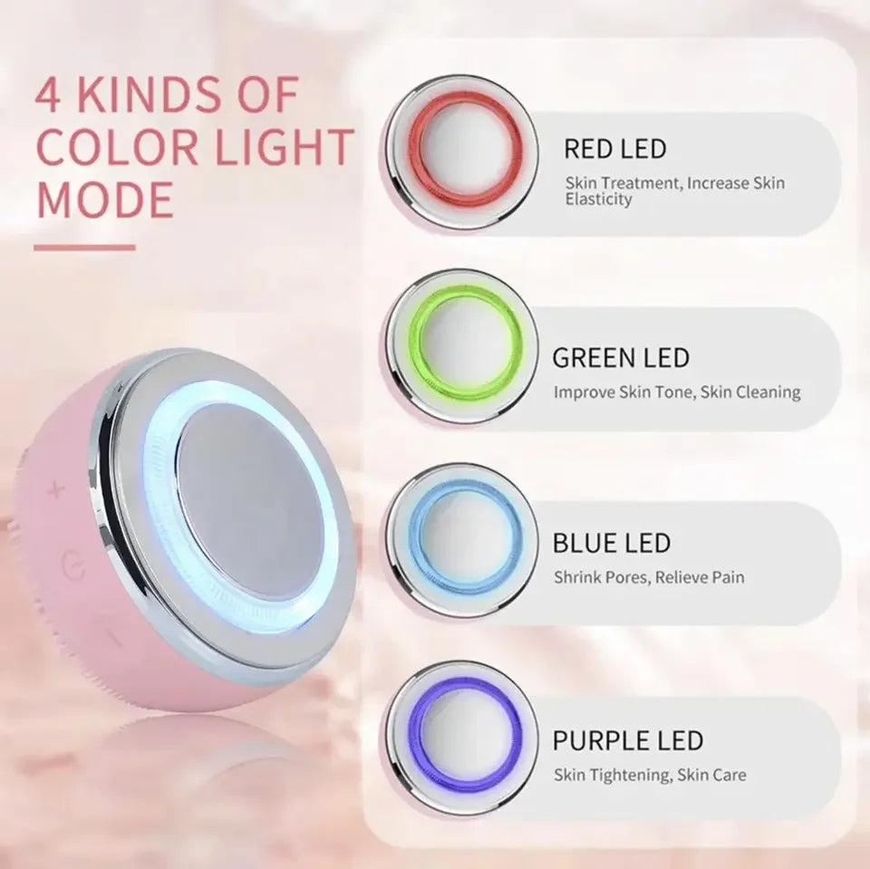 2 In 1 LED Light Therapy Silicone Heating Face Cleanser Massage Sonic Facial Cleansing Brush Massager Waterproof