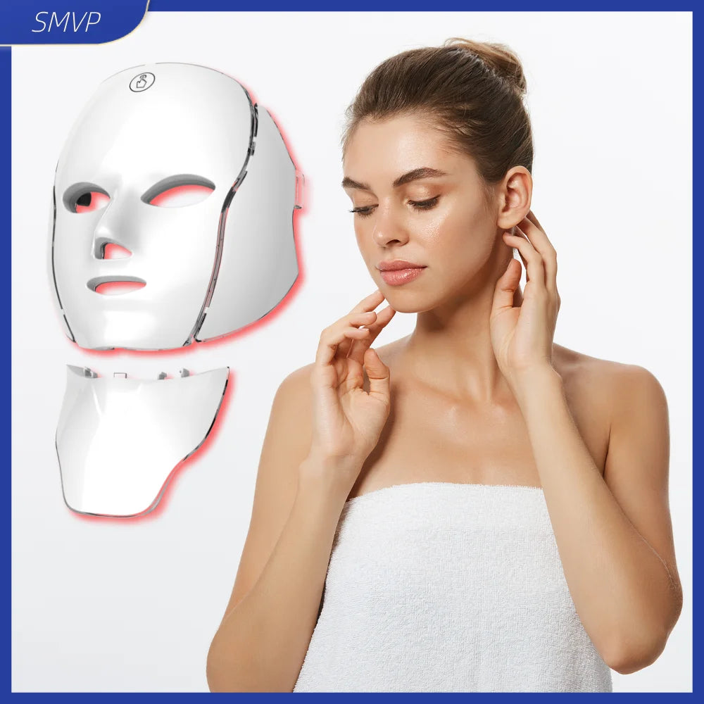 Wireless LED Face Mask with 7 Colors Red Light Therapy for Face-Neck Skin Repair USB Rechargeable Photon Mask