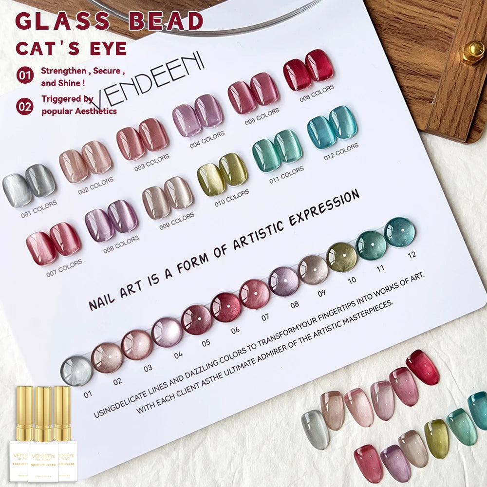 Vendeeni 12 Colors/Set Gem Crystal Cat Eye Gel Nail Polish Magnetic UV Soak Off Gel Varnish Glass Bead Cat Eye Gel With Display