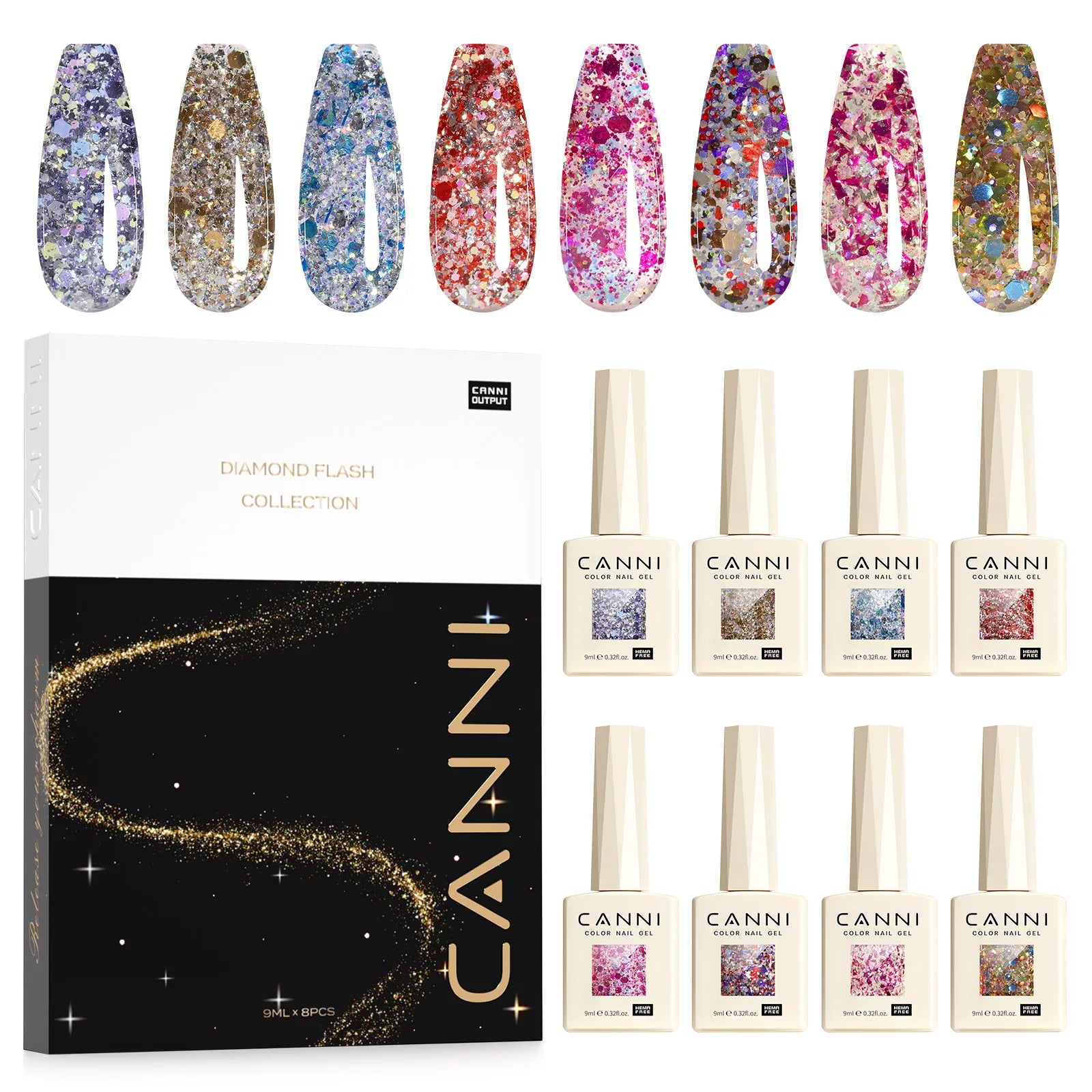 HEMA FREE CANNI Nail Gel Polish VIP Kit 9ml Galaxy Sparkle Glitter Nail Gel Kit Soak Off UV LED Gel Varnish Pigmented Paint Set