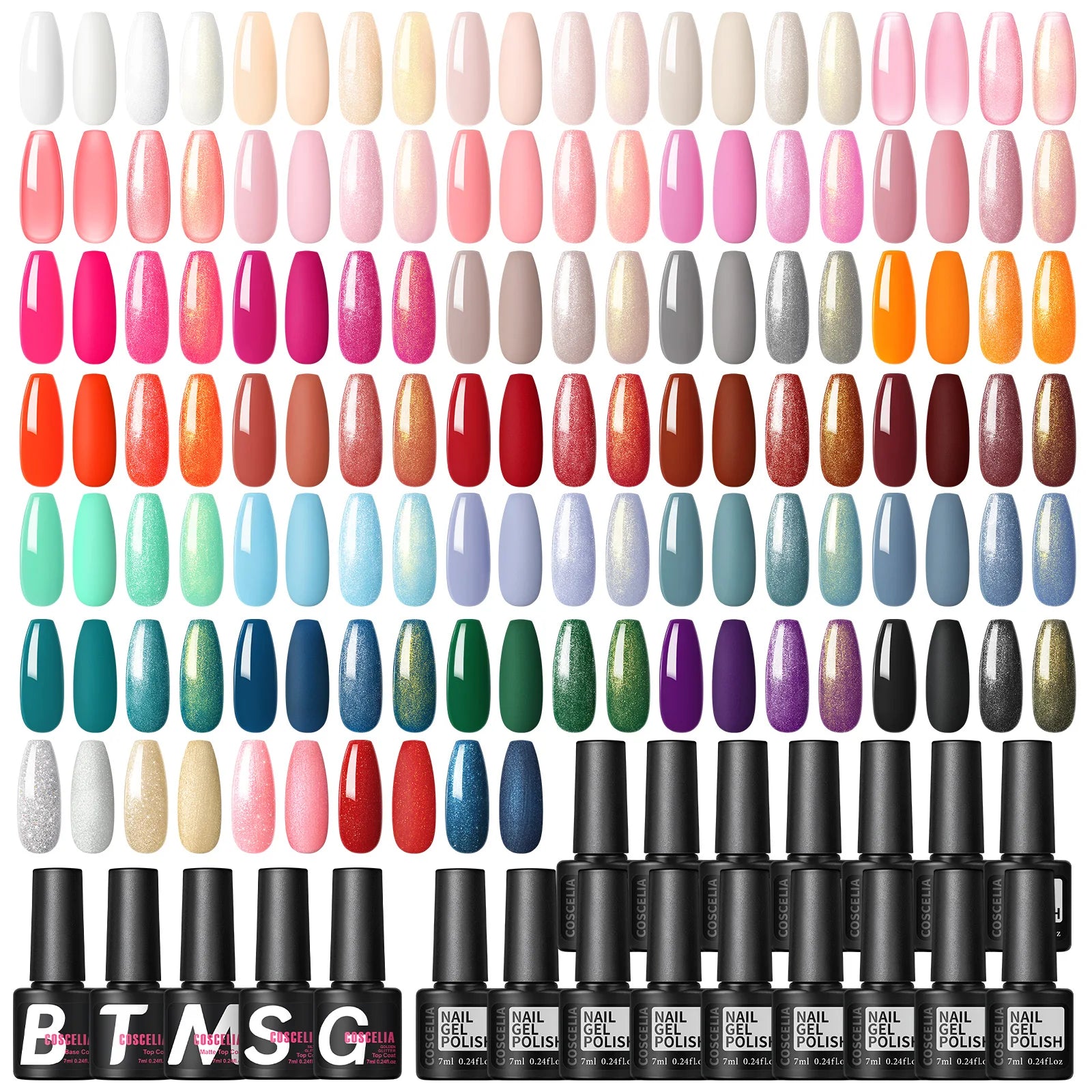 COSCELIA 35 Colors Gel Nail Polish Set with Base Coat Matte Glitter Top Coat Kit Semi Permanent Gel Polish Nail Art Manicure Kit