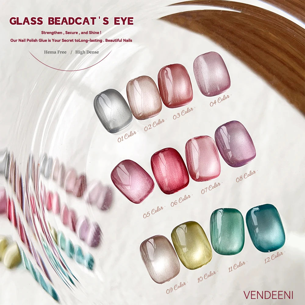 Vendeeni 12 Colors/Set Gem Crystal Cat Eye Gel Nail Polish Magnetic UV Soak Off Gel Varnish Glass Bead Cat Eye Gel With Display