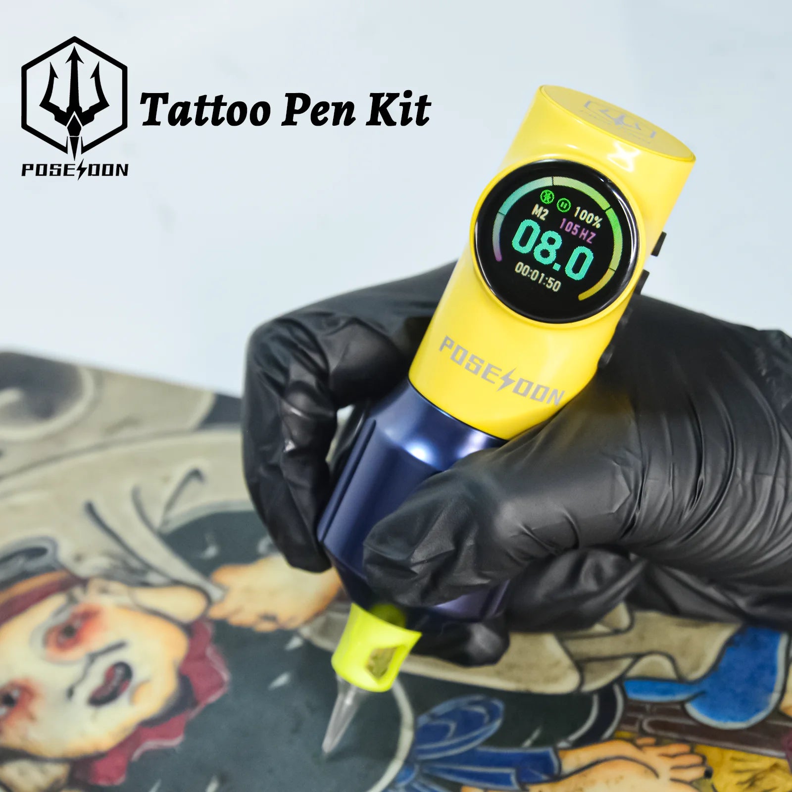 Tattoo Kit POSEIDON New Yellow Tattoo Pen Kit For Permanent Makeup Tattoo Machine Kit Wireless Tattoo Power Supply Tattoo Gun Ki