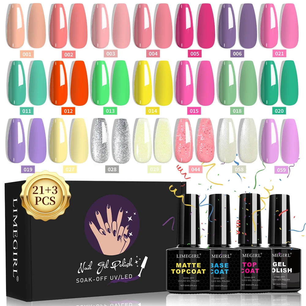 LIMEGIRL 8ml Gel Nail Polish Kit 21 Colors UV Soaked Gel Polish Varnish Nail Art Gift Set Suitable for Nail Art Design Gel Kit