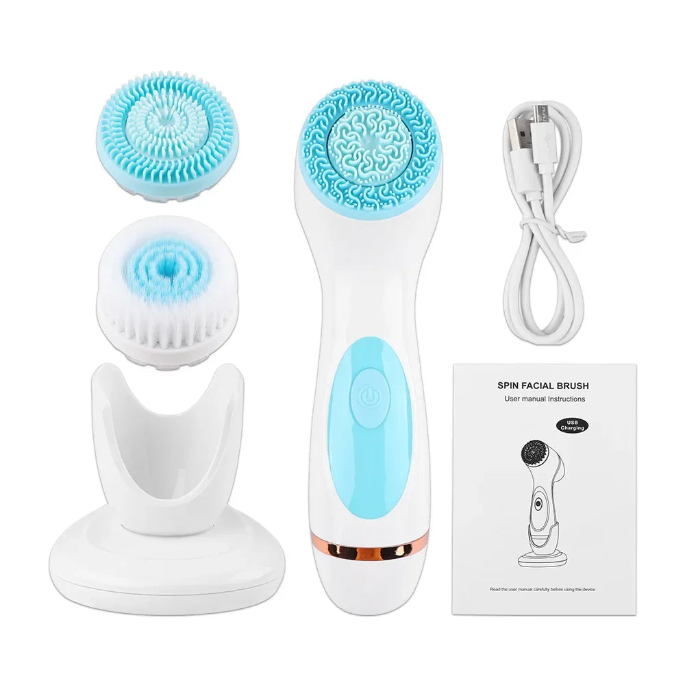 3 In 1 Electric Cleansing Brush Ultrasonic Facial Cleaner Face Massagers Sonic Rotating Cleansing Brush Face Deep Cleansing Tool