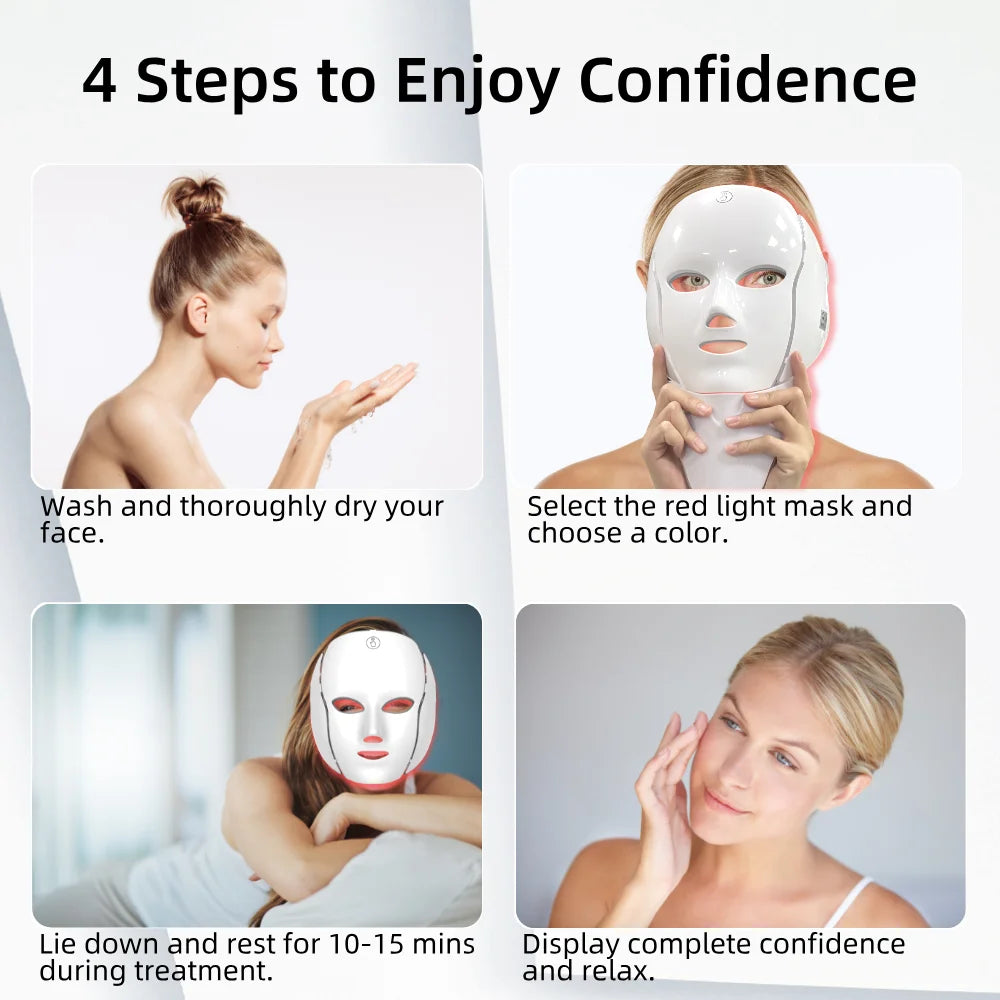 Wireless LED Face Mask with 7 Colors Red Light Therapy for Face-Neck Skin Repair USB Rechargeable Photon Mask