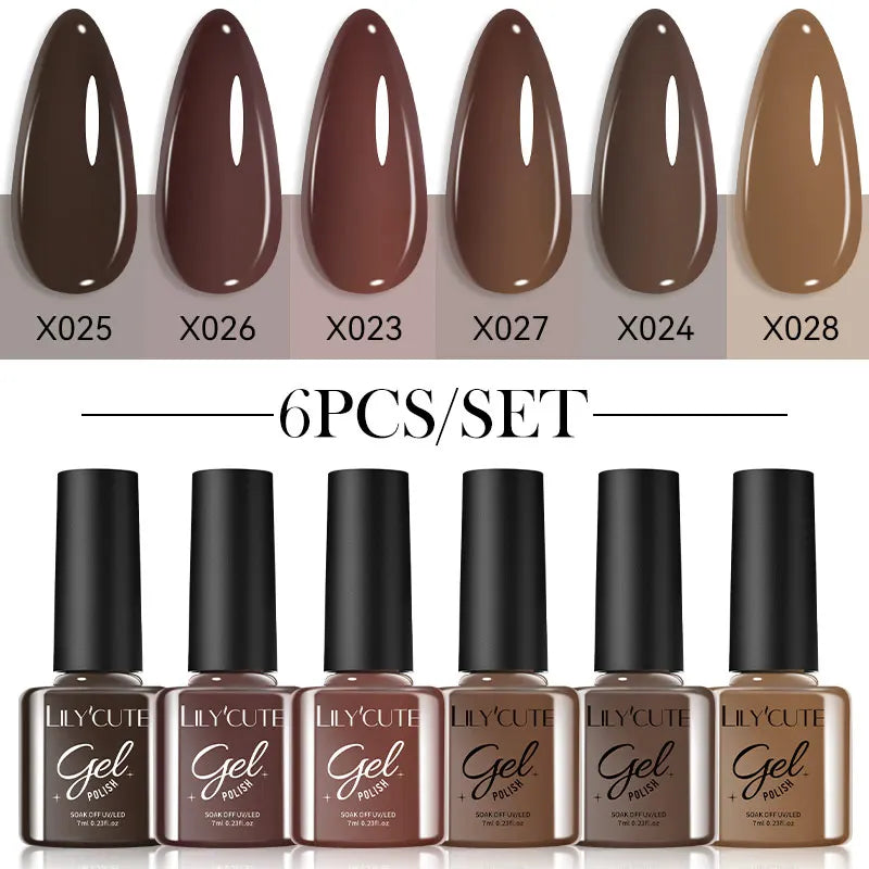 LILYCUTE 6Pcs/set 7ml Coffee Series Gel Nail Polish Kit