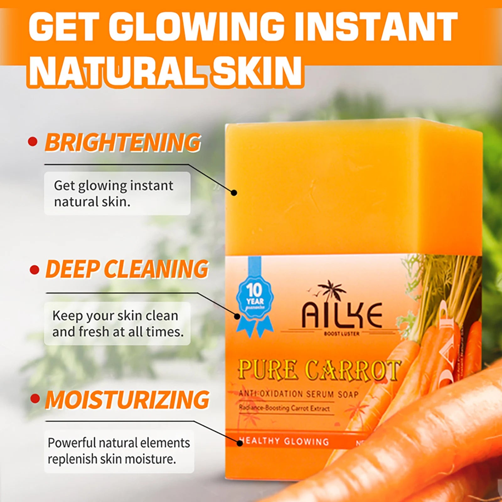 AILKE Carrot Anti-Oxidation Whitening Serum Soap, Brighten, Even Skin Tone, For Black Dark Caramel Skin, Vegan Soap, 200g