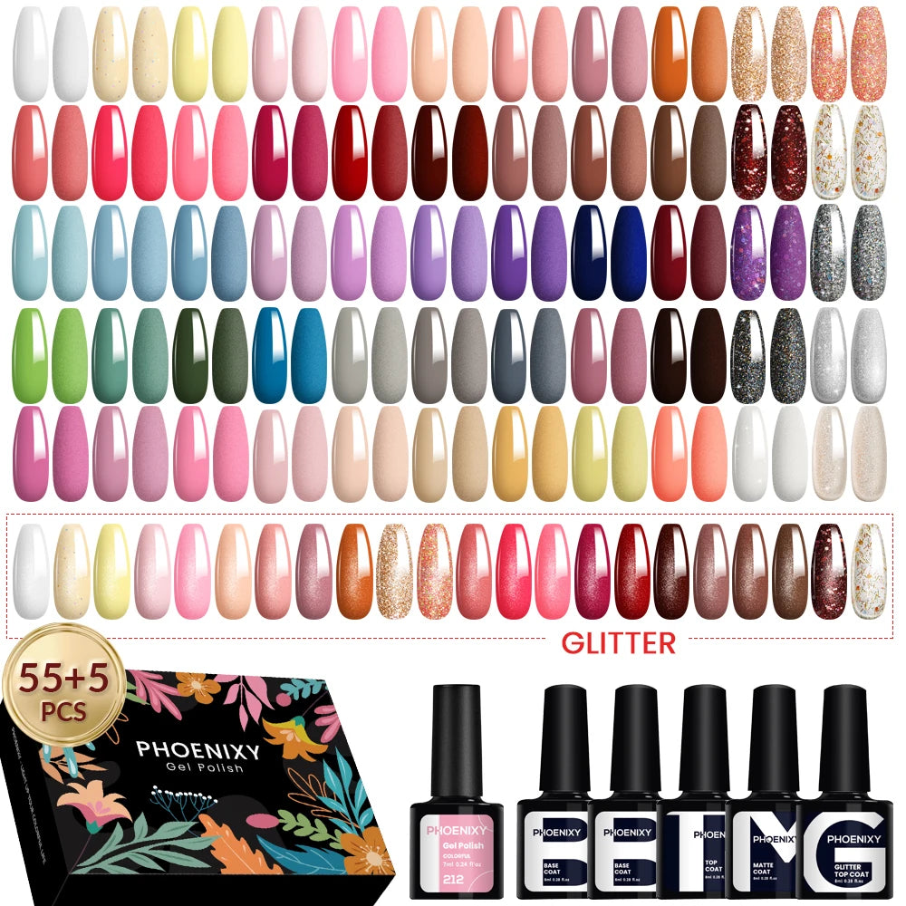 PHOENIXY 55PCS Gel Nail Polish Set with Base Matte Glitter Top Coat Semi Permanent Gel Nail Varnish 7ML Nail Gels Kit Hot Sale