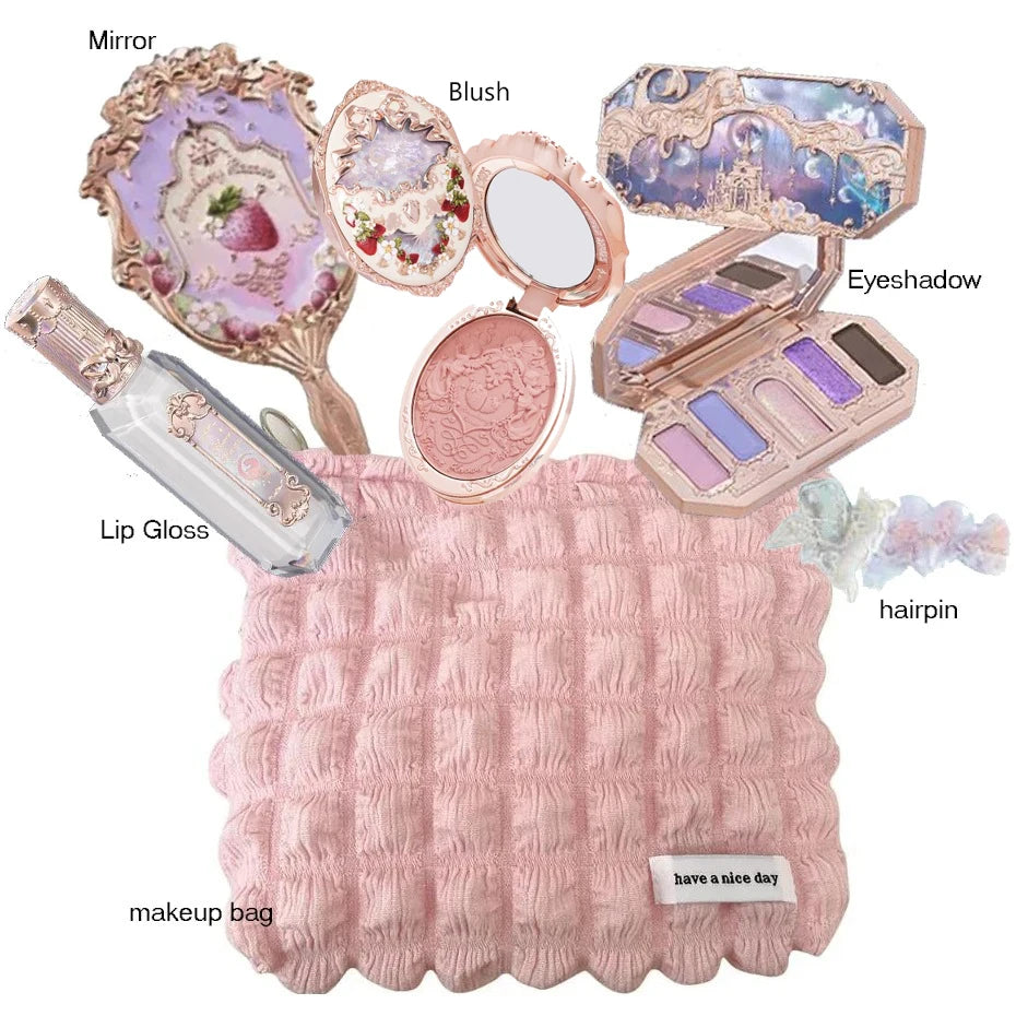 Flower Knows Makeup Set Mermaid Eyeshadow Palette Matte Swan Setting Powder Strawberry Violet Mirror Hair Clip 4Pcs Kit