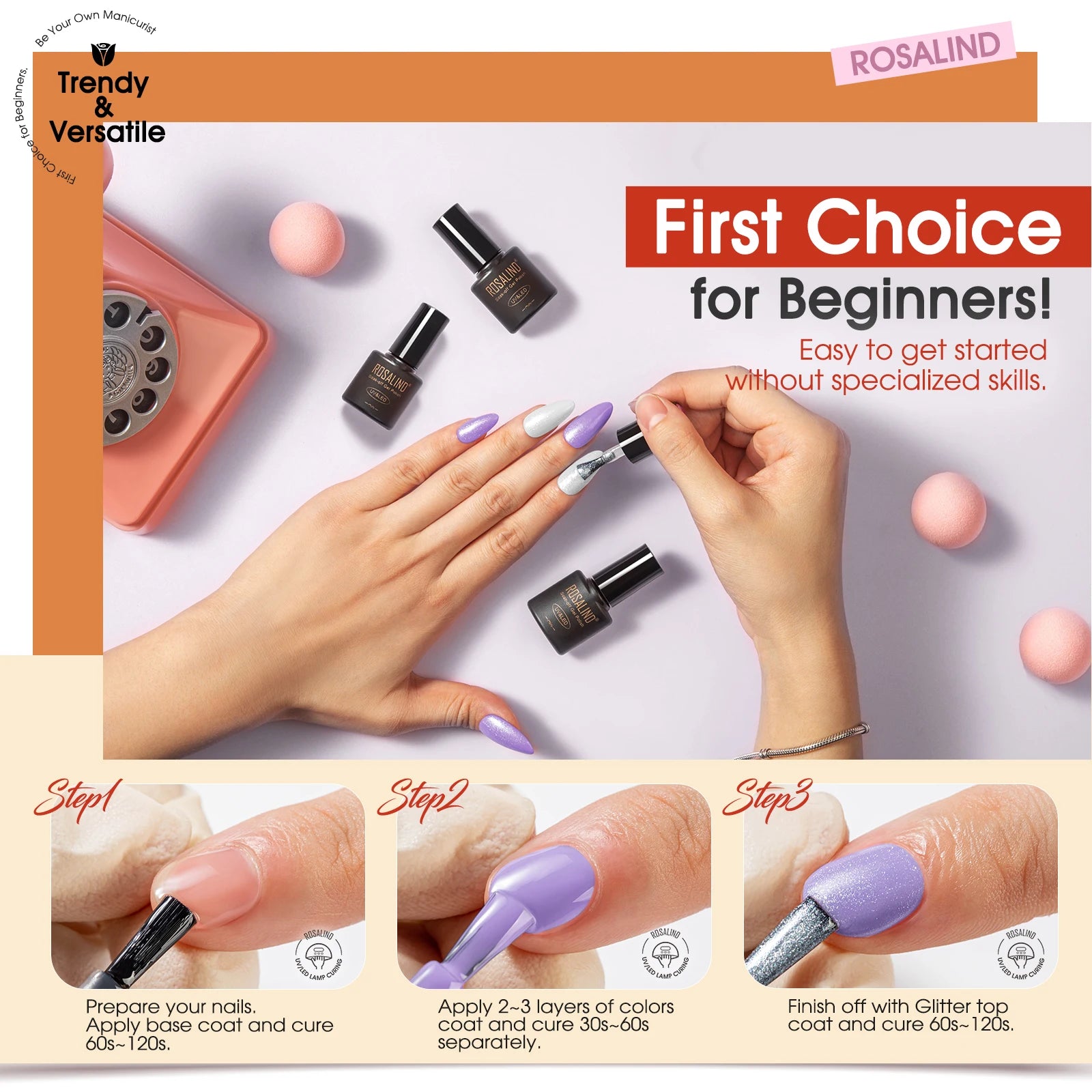 Rosalind  Classic Gel Nails Colors Mini Gel Nail Polish Kit with UV Light,  Base and Matte Glossy Gel Top Coat with Tool